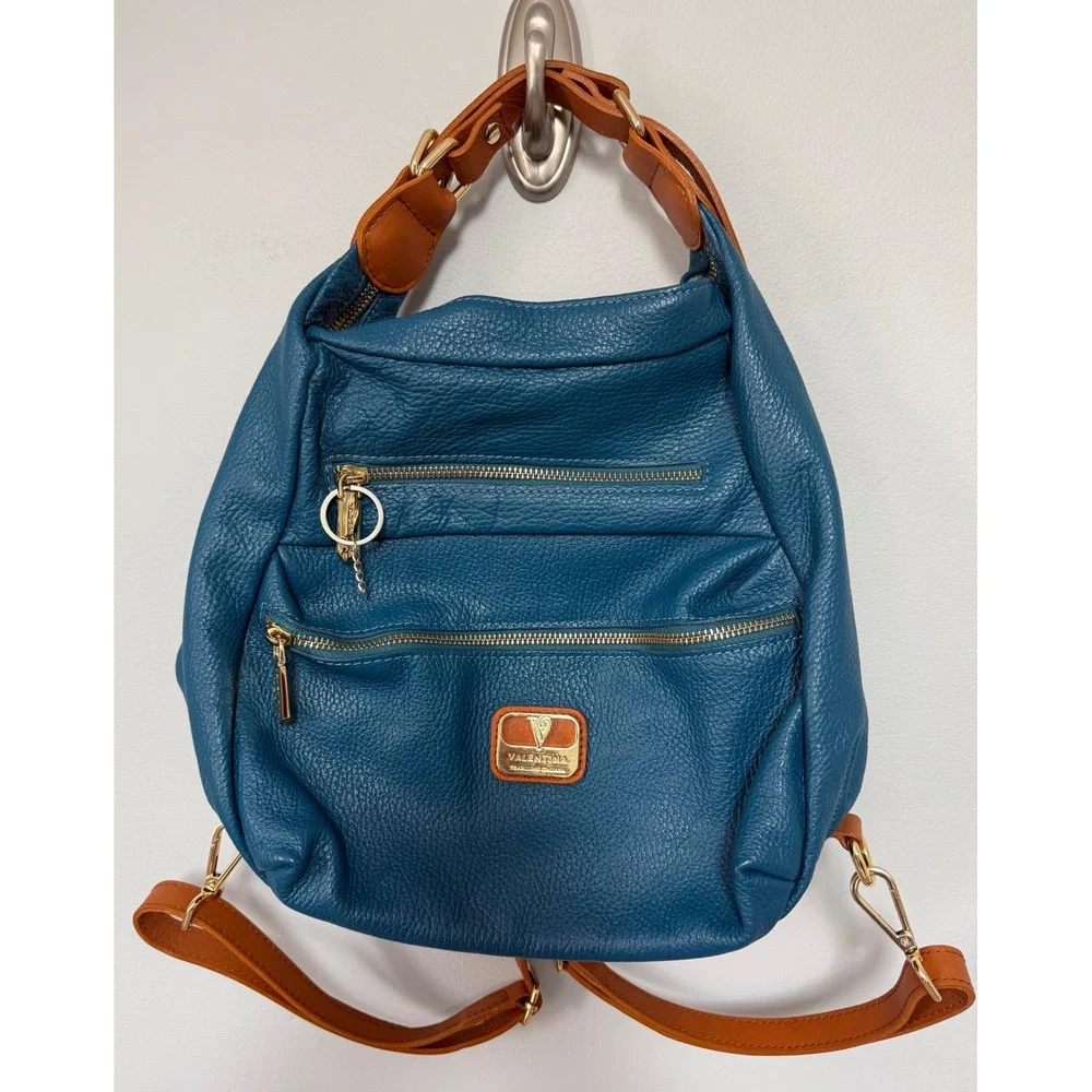 Valentina Convertible Italian Pebbled Leather Bag Backpack In‎ Ocean Blue